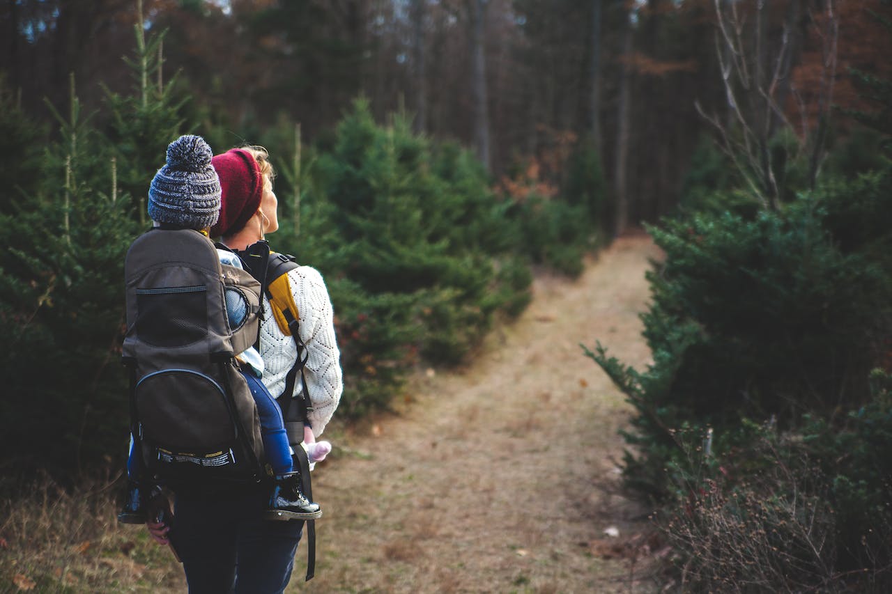 back view of a lady hiking on a trail with her baby